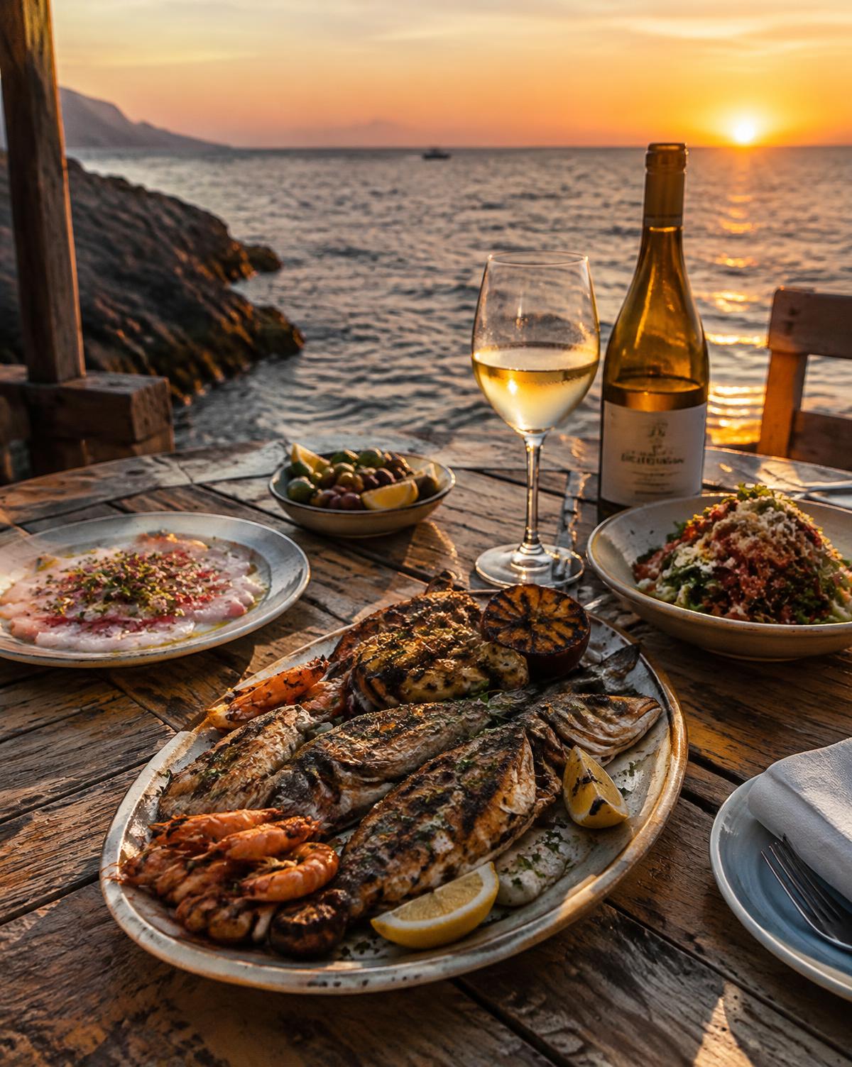 Grigliata di pesce e vino bianco al tramonto